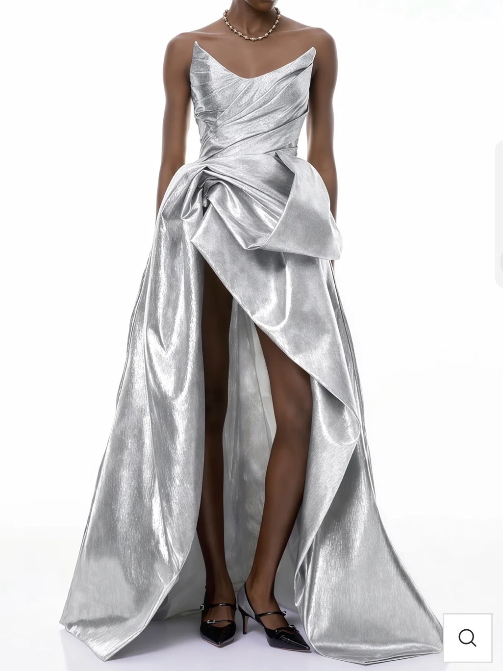 Adina Silver Glossy Asymmetrical Ruched Gown
